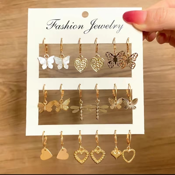 None Jewelry - HOST PICK!  9 Pairs Gold Heart Butterfly Earrings Set
